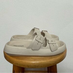 Weweya Beige Cloud Cushion Platform Double Buckle Slides Size 9 Lounge